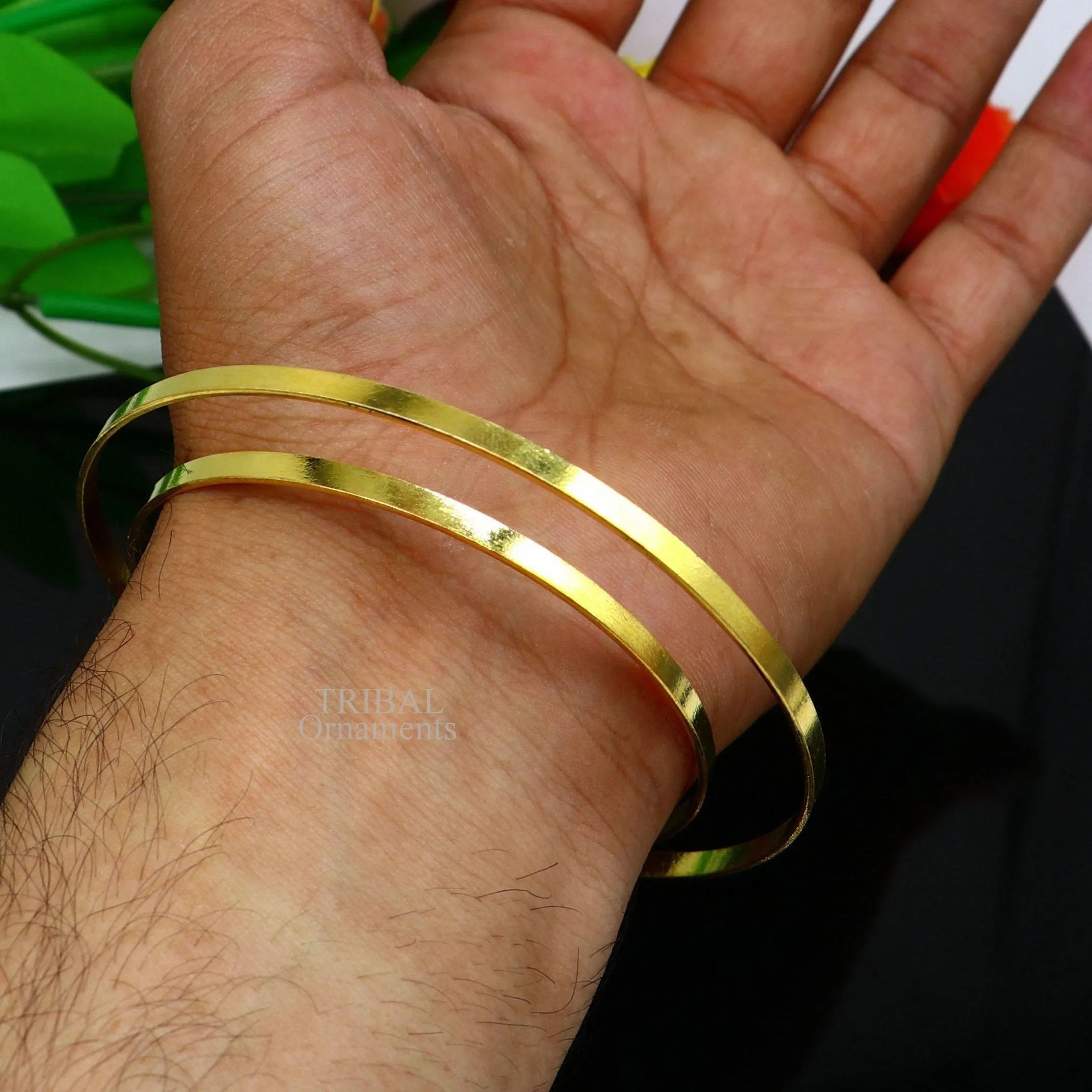 925 sterling silver handmade gold polished bangle bracelet double layer cuff kada jewelry, tribal belly dance jewelry from india hnssk731