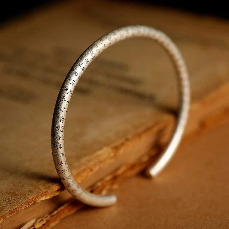 925 Sterling Silver Retro Open Cuff Buddhism Stamp Bangle Tibetan Buddhist Bracelet Jewelry
