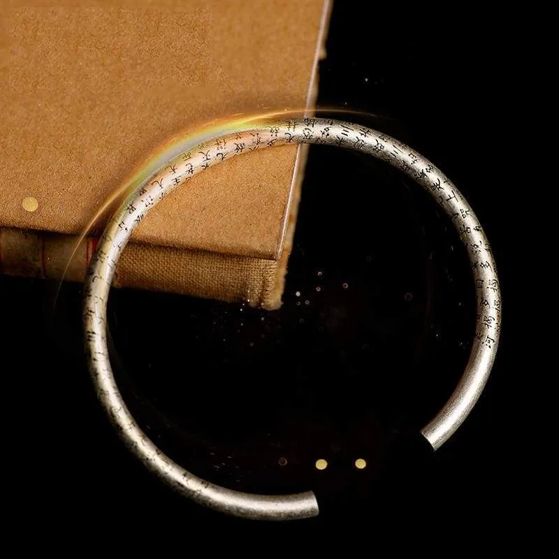 925 Sterling Silver Retro Open Cuff Buddhism Stamp Bangle Tibetan Buddhist Bracelet Jewelry