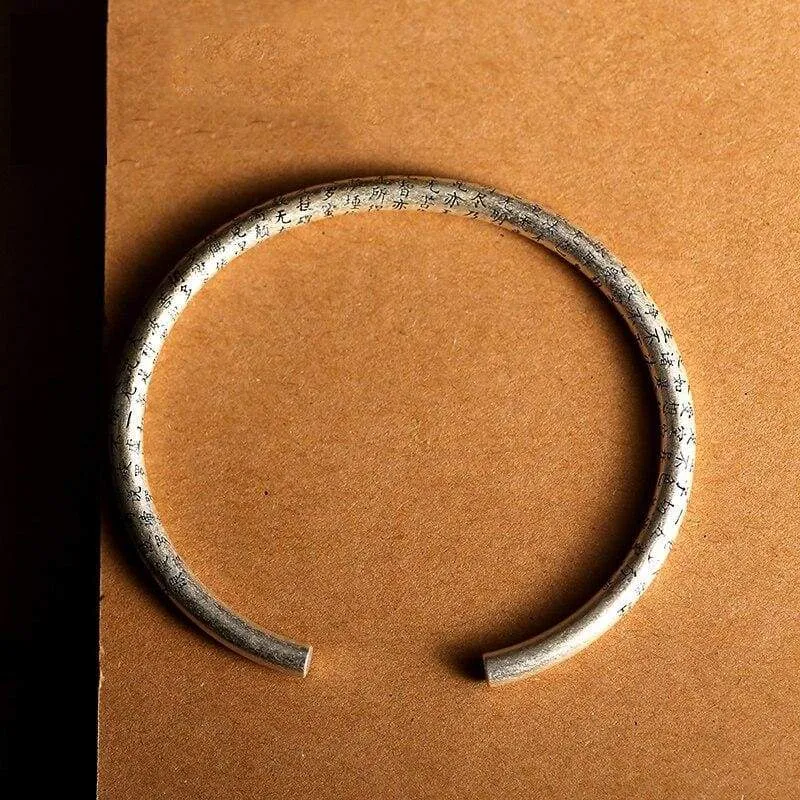 925 Sterling Silver Retro Open Cuff Buddhism Stamp Bangle Tibetan Buddhist Bracelet Jewelry
