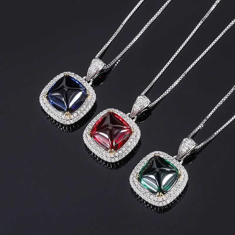 925 Sterling Silver Simulated Gemstone Jewelry Created Ruby Sapphire Emerald Pendant Pave CZ