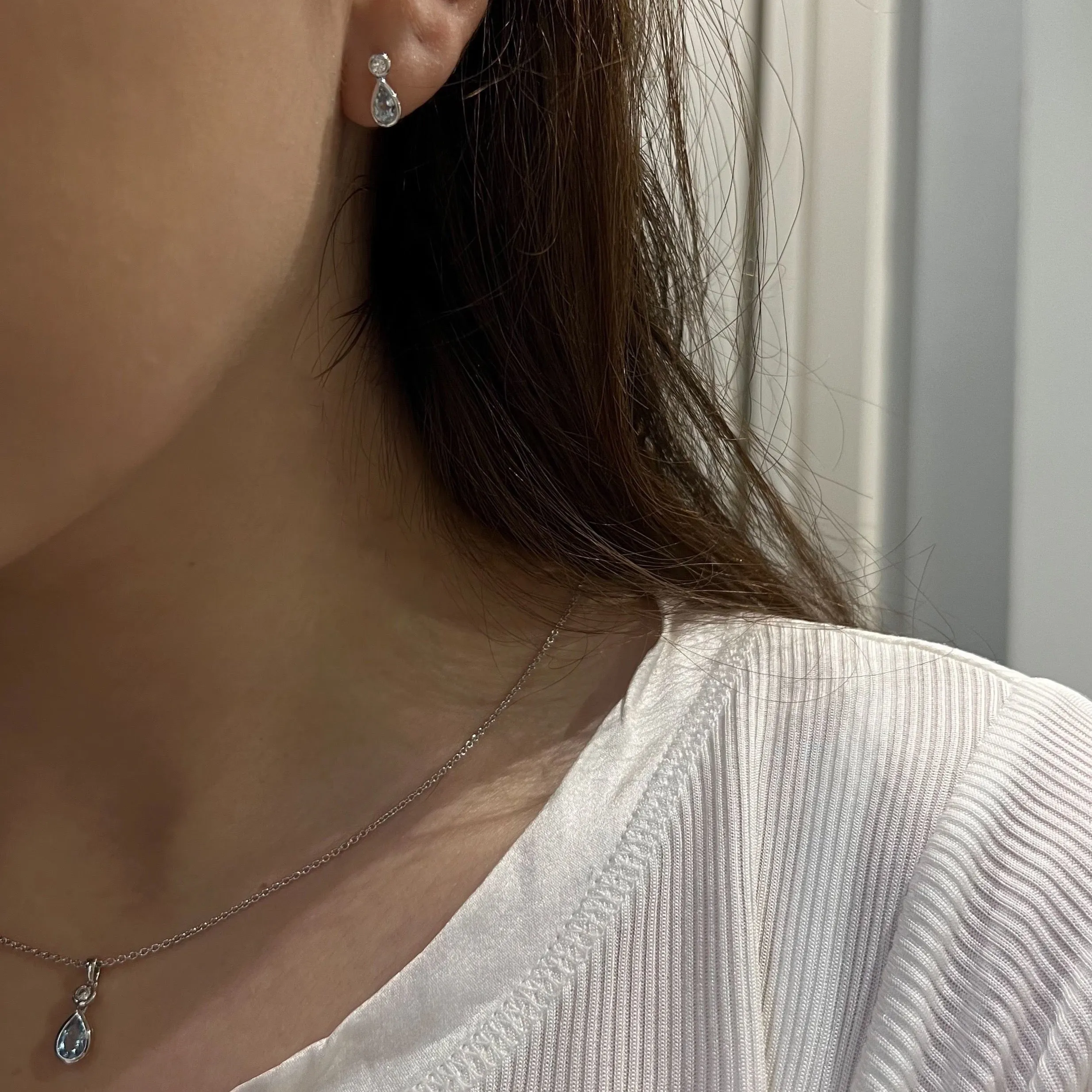 9ct White Gold 0.50ct Pear Cut Blue Topaz and Diamond Drop Stud Earrings