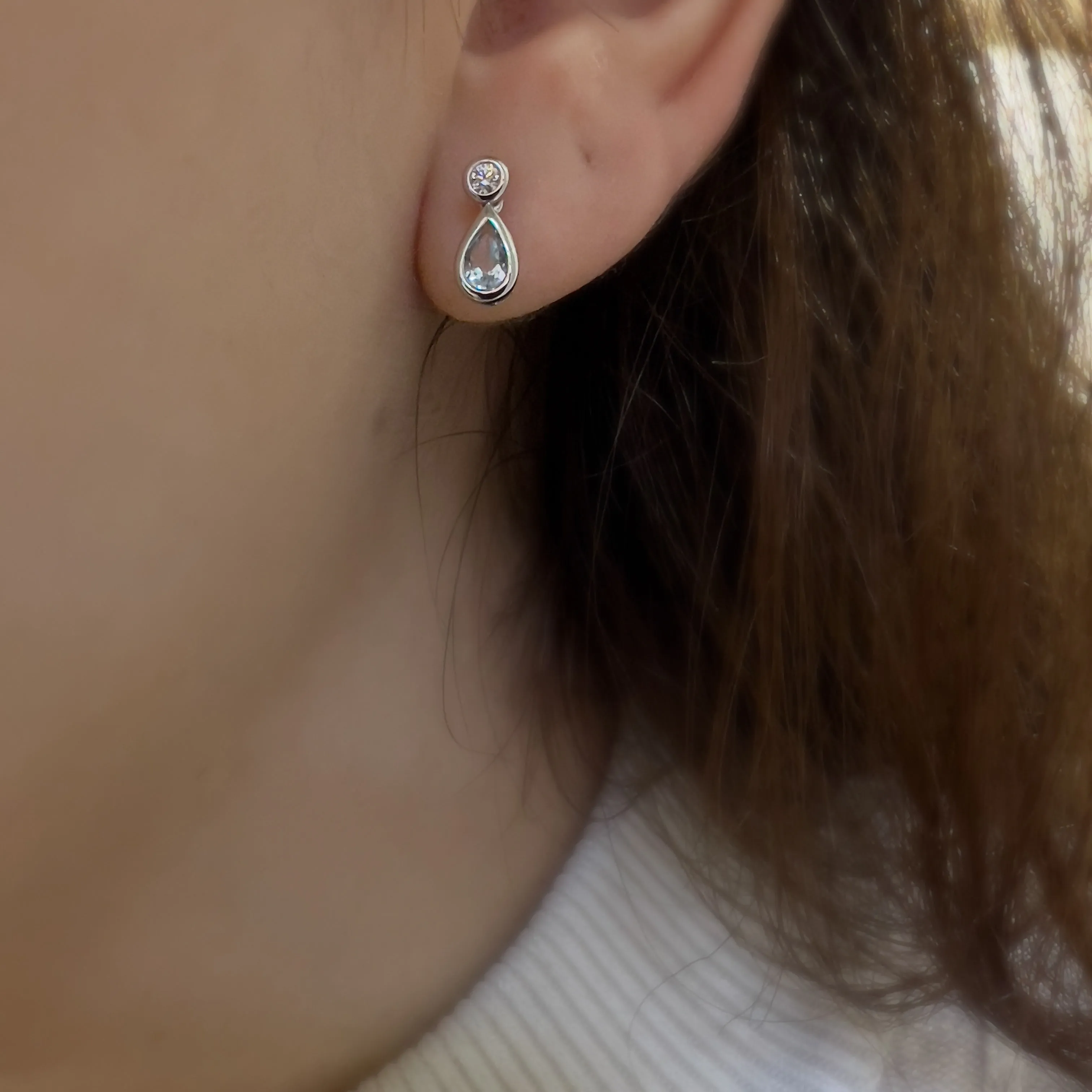 9ct White Gold 0.50ct Pear Cut Blue Topaz and Diamond Drop Stud Earrings