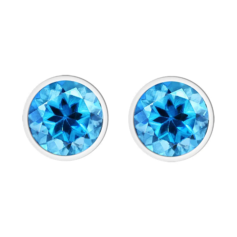 9ct White Gold Blue Topaz 4mm Round Rub Over Set Stud Earrings