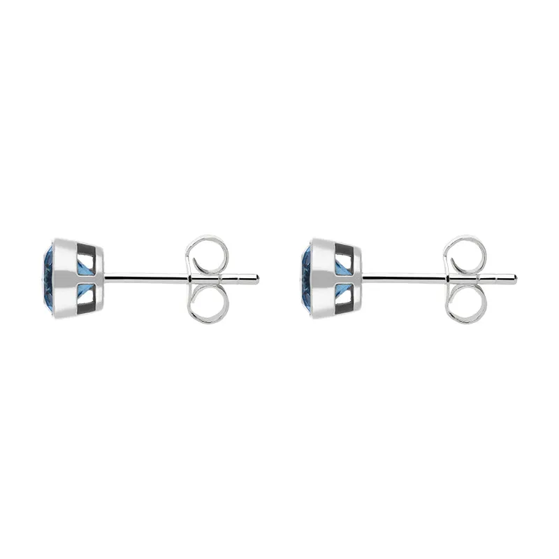 9ct White Gold Blue Topaz 4mm Round Rub Over Set Stud Earrings