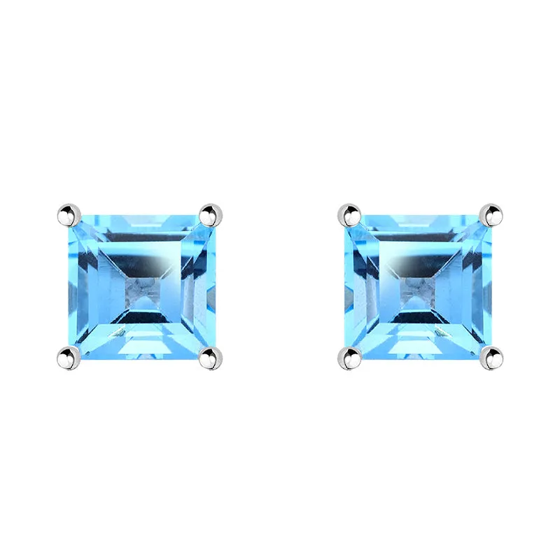 9ct White Gold Blue Topaz 5mm Princess Cut Claw Set Stud Earrings