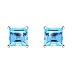 9ct White Gold Blue Topaz 5mm Princess Cut Claw Set Stud Earrings