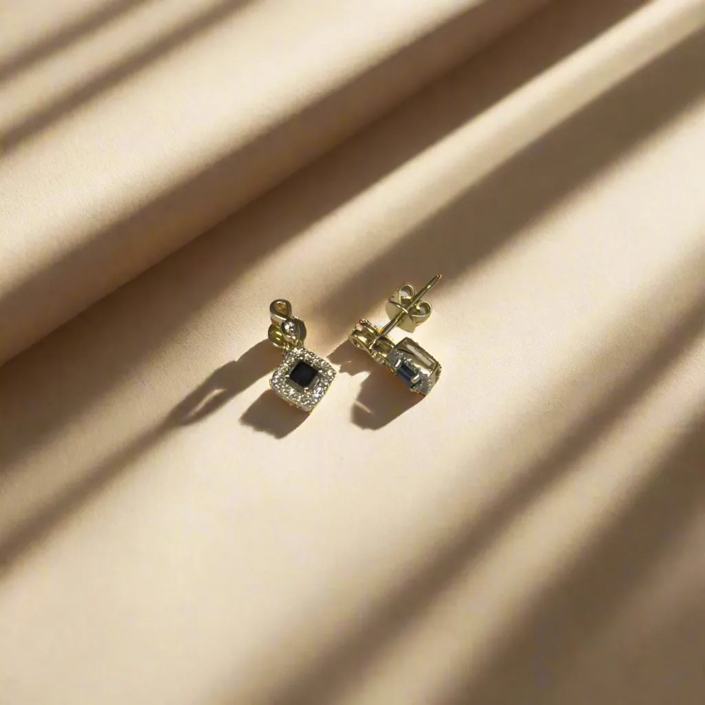 9ct Yellow Gold Square Sapphire & 0.13ct Diamond Cluster Drop Earrings