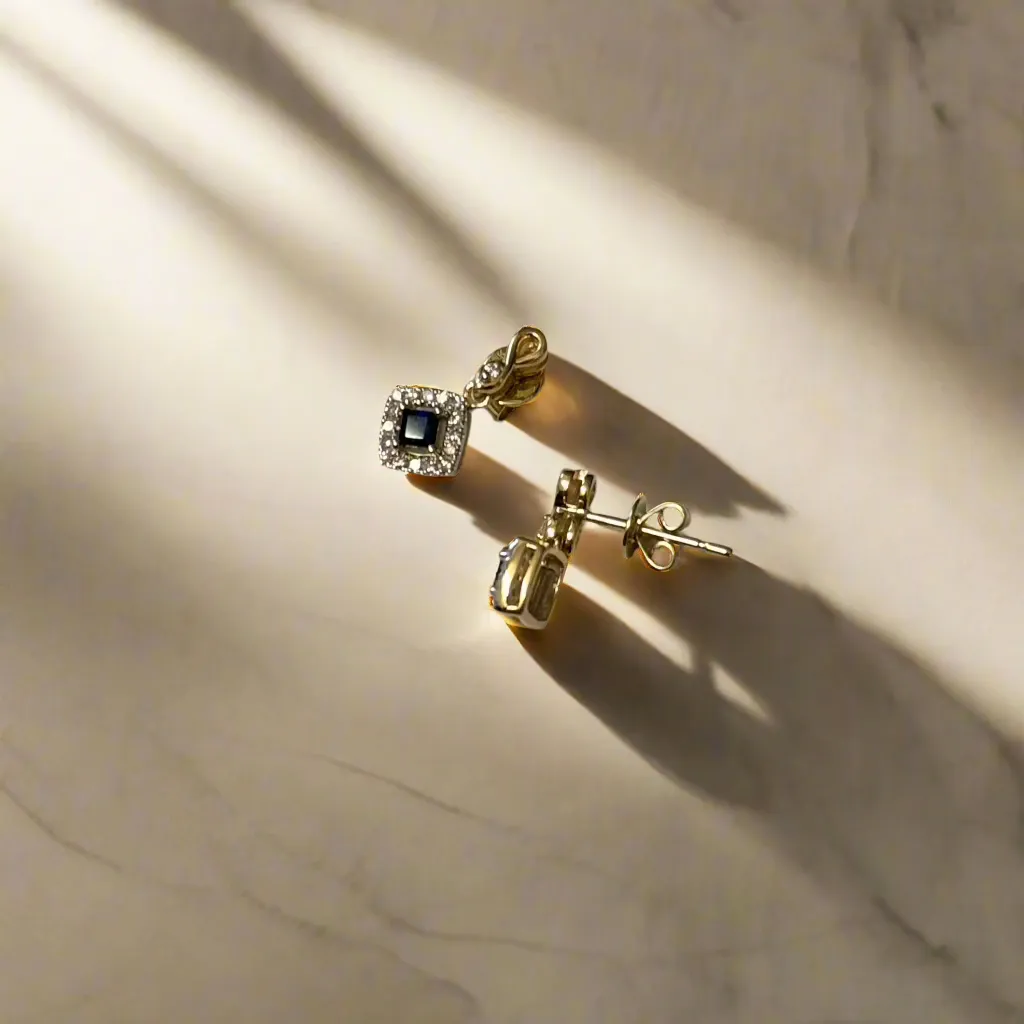 9ct Yellow Gold Square Sapphire & 0.13ct Diamond Cluster Drop Earrings