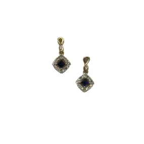 9ct Yellow Gold Square Sapphire & 0.13ct Diamond Cluster Drop Earrings