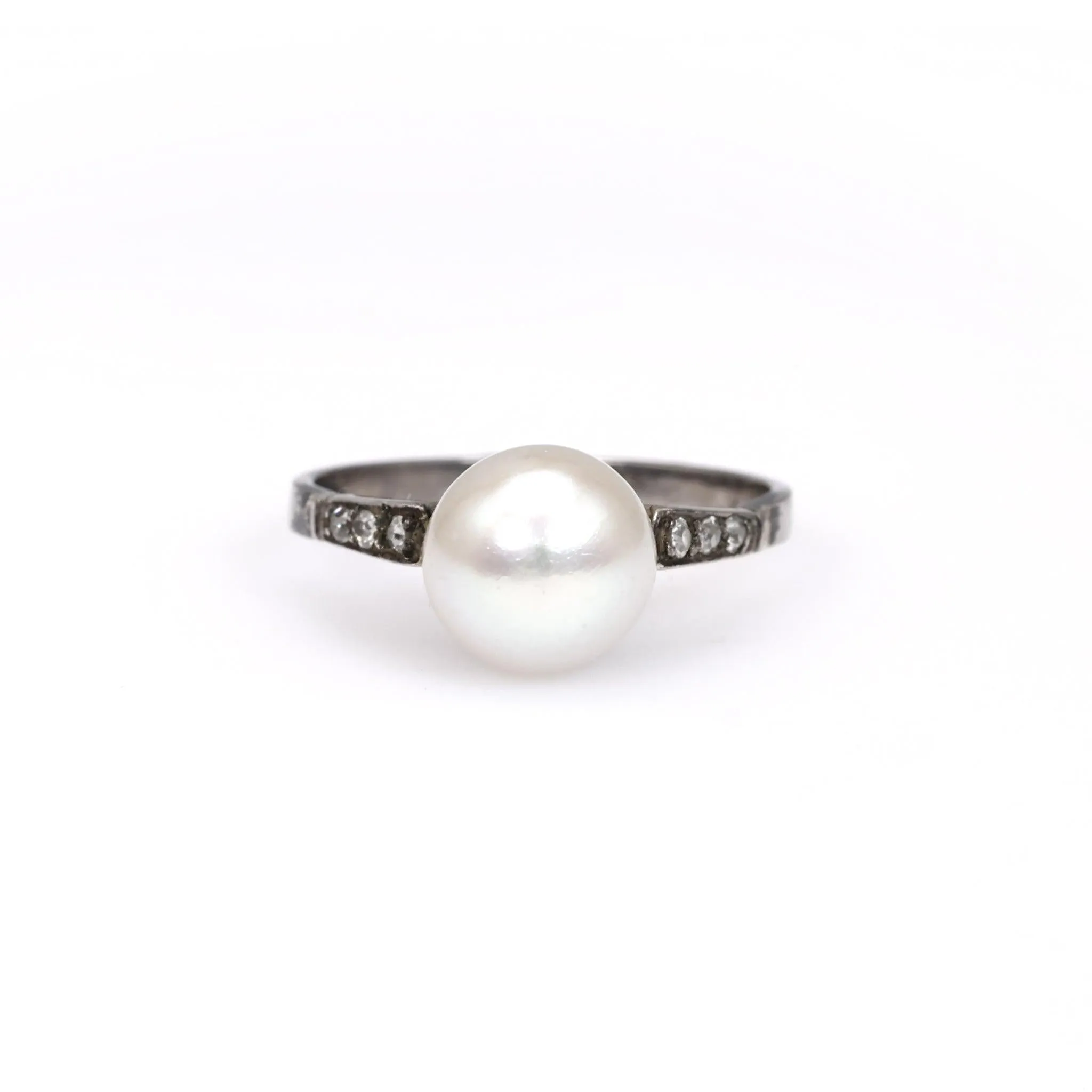 Antique GIA Pearl and Diamond Platinum Silver Ring