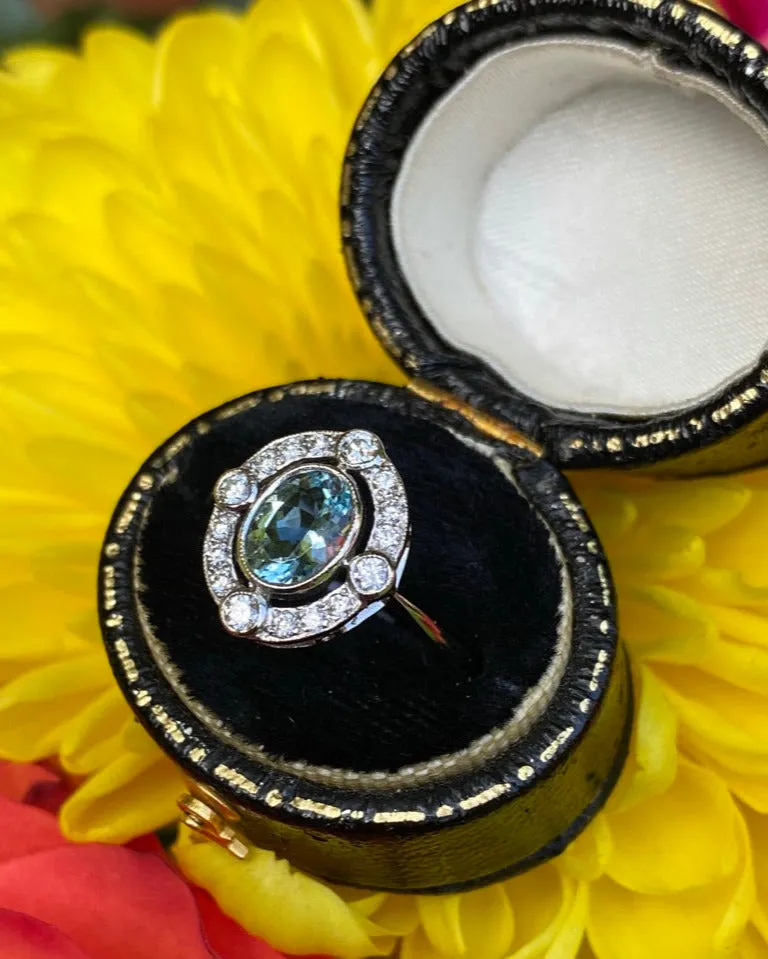 Aquamarine & Diamond Cluster Platinum Ring 0.30ct   0.70ct