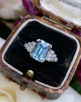 Art Deco Aquamarine and Diamond Ring Platinum 0.25ct   1.90ct