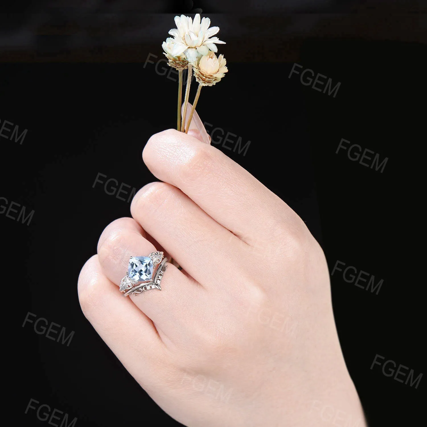 Art Deco Cushion Cut Natural Aquamarine Engagement Ring Set 14k White Gold Moissanite Diamond Promise Ring March Birthstone Butterfly Ring