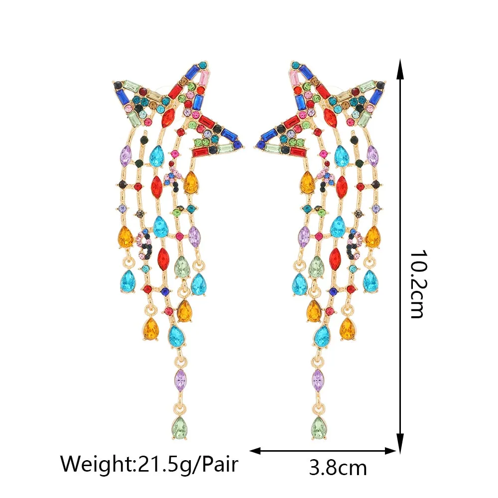 Bohemian Colorful Crystal Tassel Star Long Dangle Earring