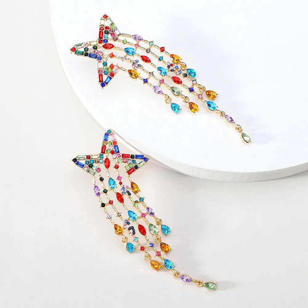 Bohemian Colorful Crystal Tassel Star Long Dangle Earring