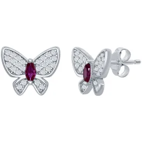 Classic Women's Earrings - Sterling Silver White and Ruby CZ Butterfly Stud | D-7535