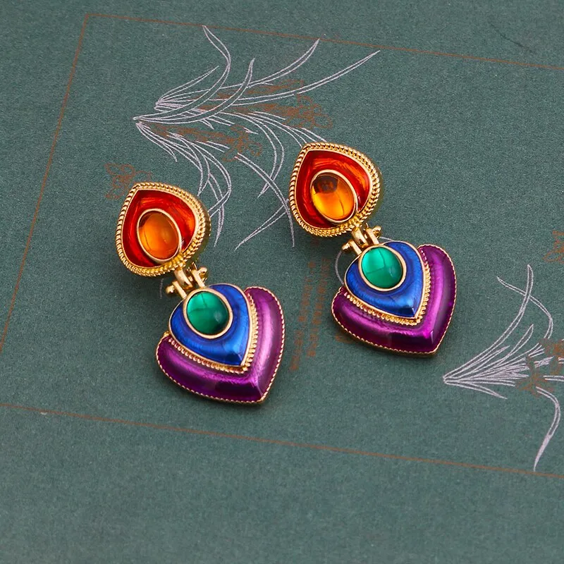 Colorful Crystal Resin Heart Clip on Earrings Without Piercing for Women