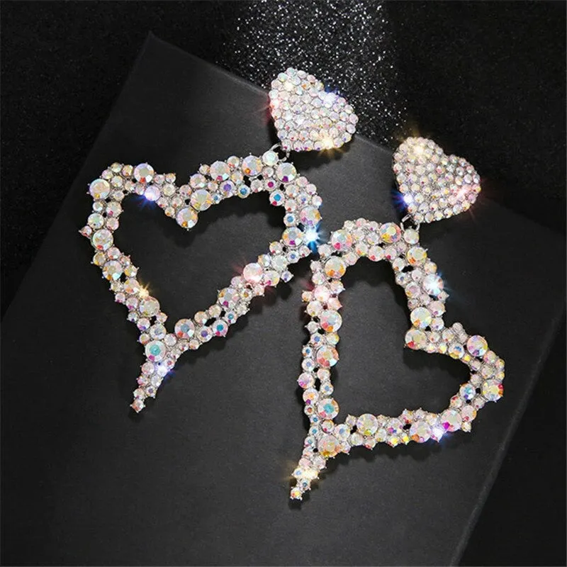 Colorful Heart Shape Rhinestone Bejeweled Oversized Dangle Earrings