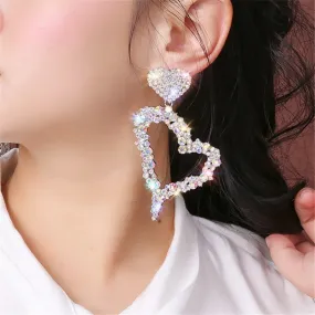 Colorful Heart Shape Rhinestone Bejeweled Oversized Dangle Earrings