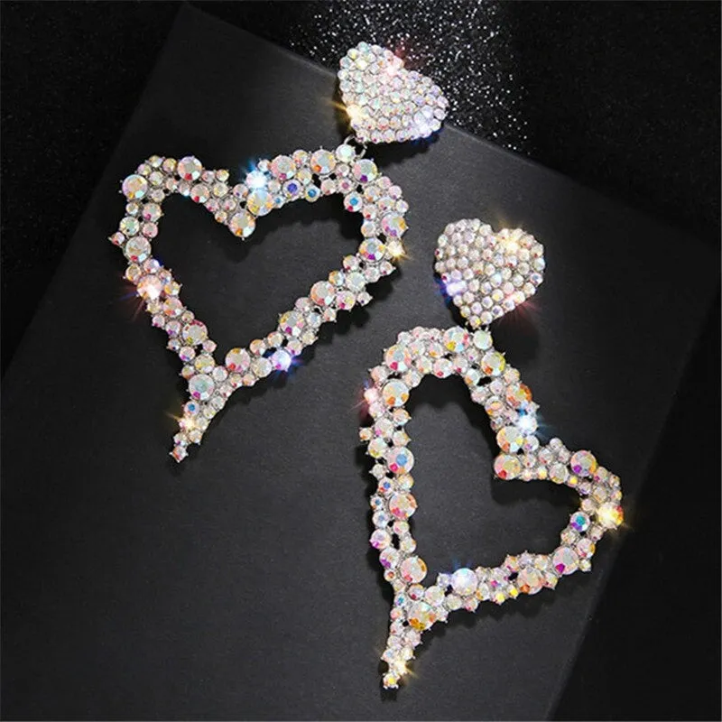 Colorful Heart Shape Rhinestone Bejeweled Oversized Dangle Earrings