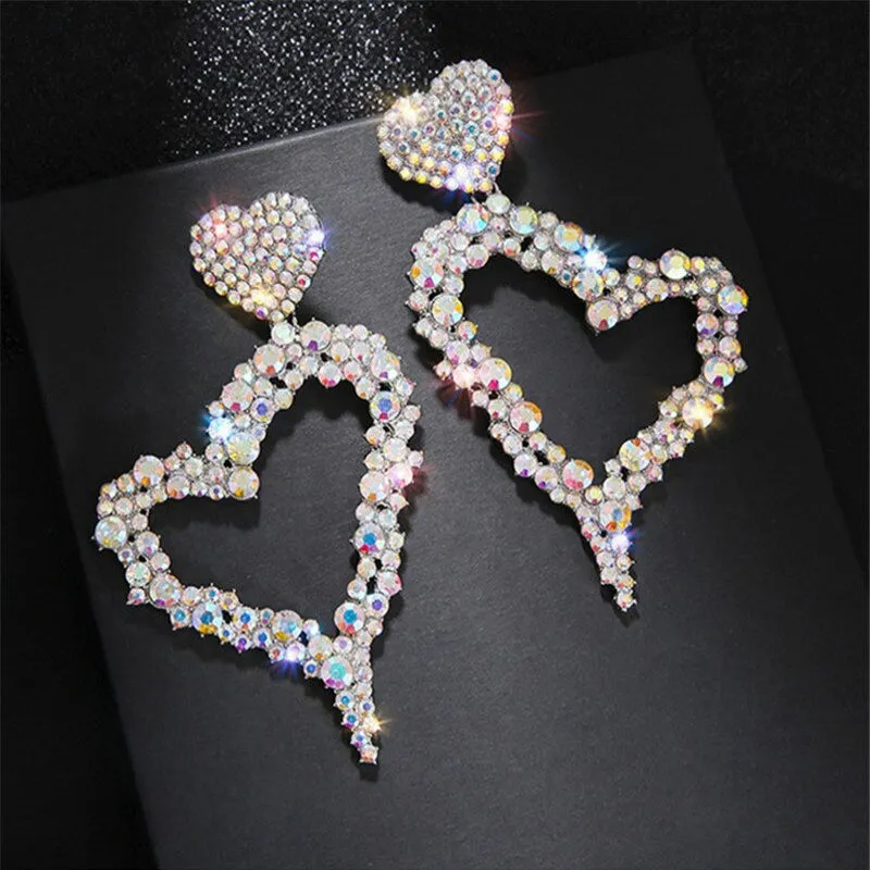 Colorful Heart Shape Rhinestone Bejeweled Oversized Dangle Earrings