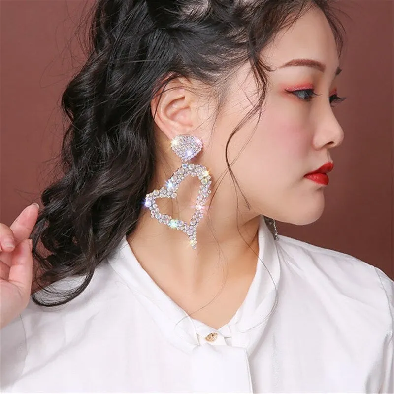 Colorful Heart Shape Rhinestone Bejeweled Oversized Dangle Earrings