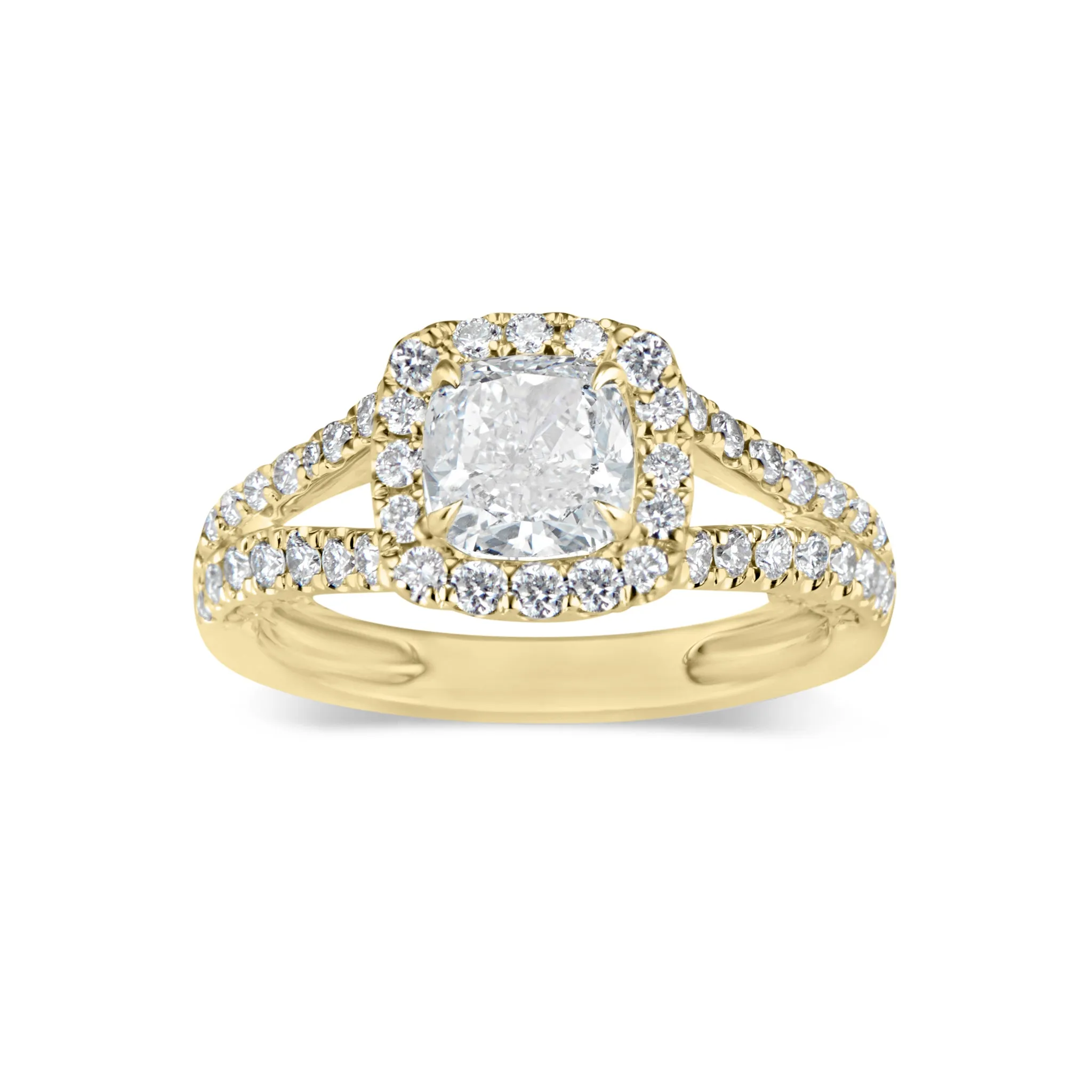 Cushion Halo Diamond Engagement Ring with Split Shank & Diamond Filigree