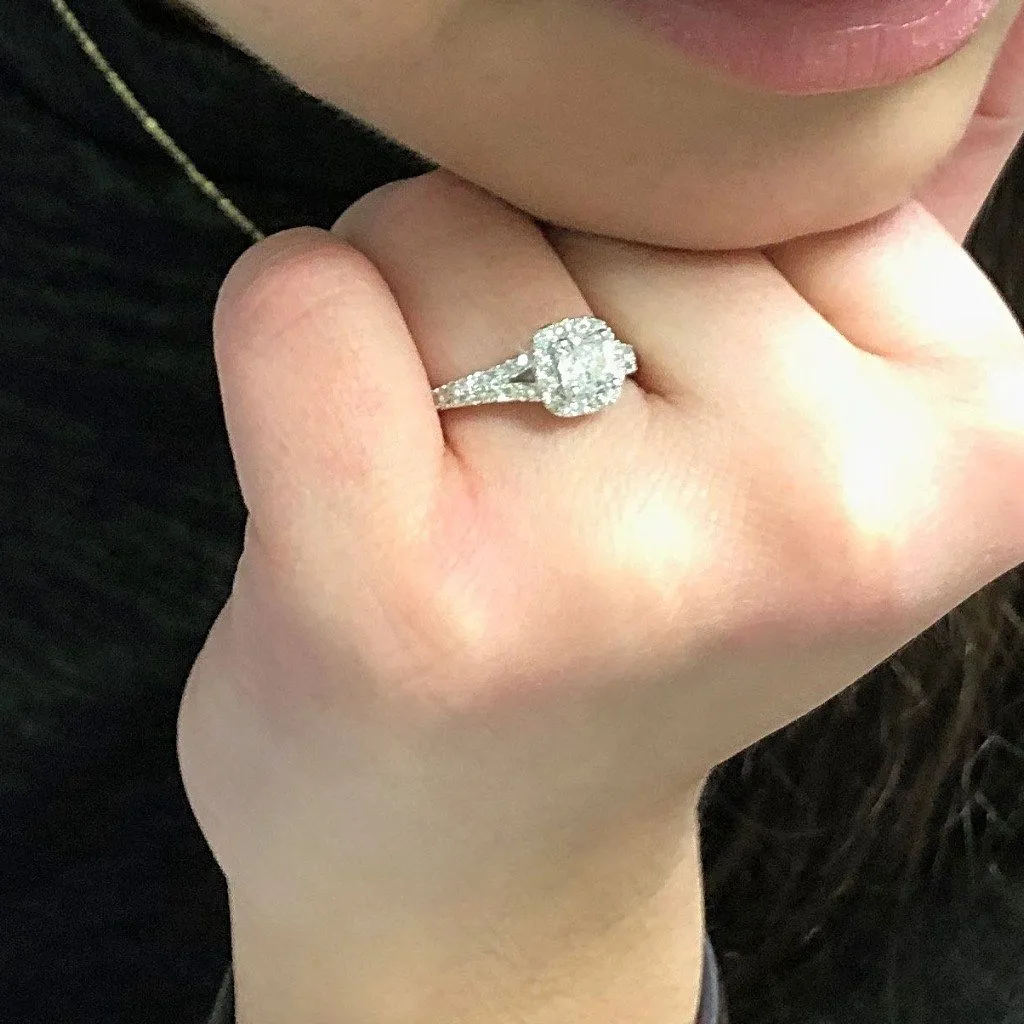 Cushion Halo Diamond Split Shank Side Stone Engagement Ring