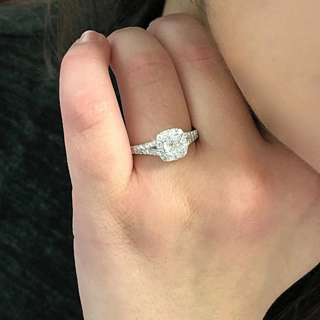 Cushion Halo Diamond Split Shank Side Stone Engagement Ring