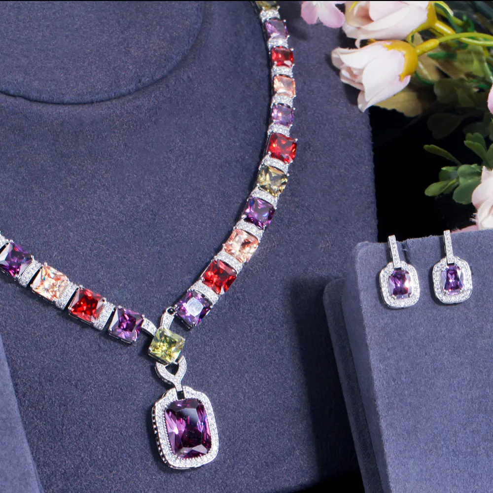 Cut Colorful CZ Crystal Square Pendant Earrings Necklace Bridal Engagement Jewelry Sets