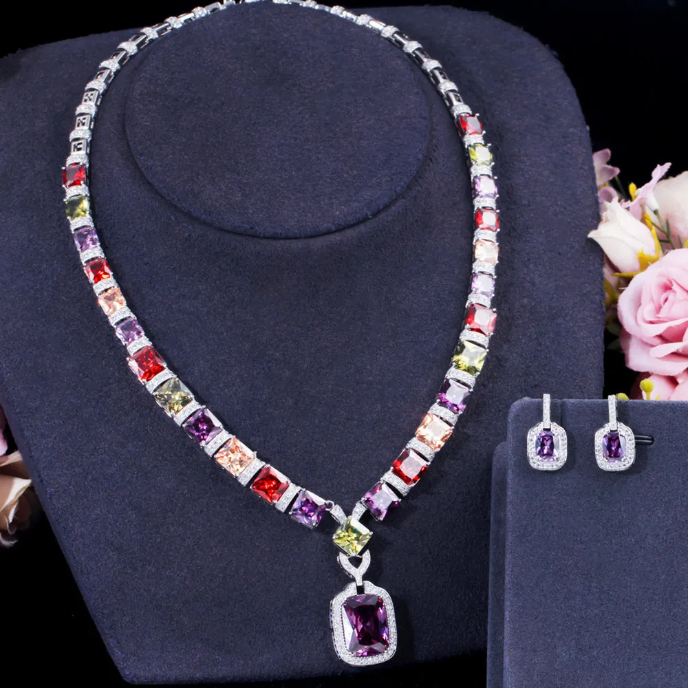 Cut Colorful CZ Crystal Square Pendant Earrings Necklace Bridal Engagement Jewelry Sets