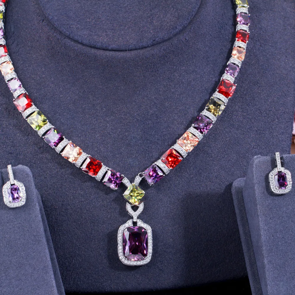 Cut Colorful CZ Crystal Square Pendant Earrings Necklace Bridal Engagement Jewelry Sets