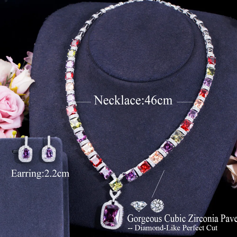 Cut Colorful CZ Crystal Square Pendant Earrings Necklace Bridal Engagement Jewelry Sets