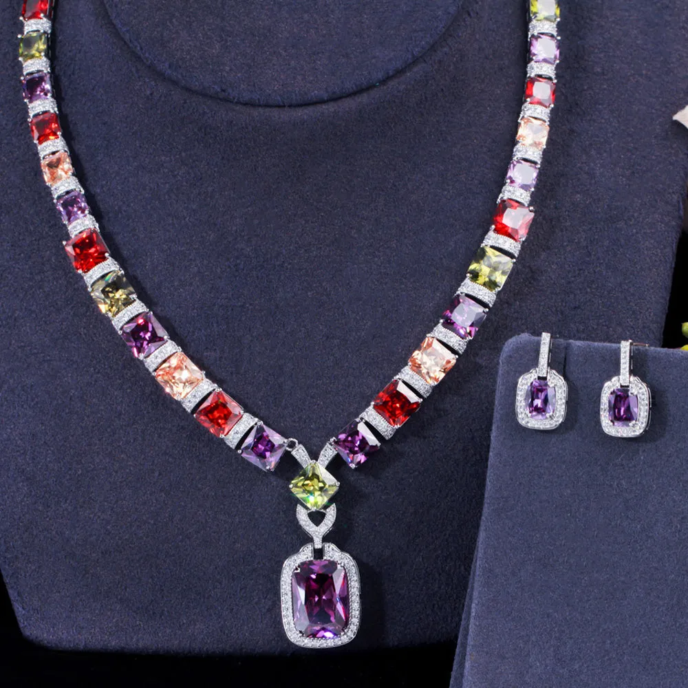 Cut Colorful CZ Crystal Square Pendant Earrings Necklace Bridal Engagement Jewelry Sets