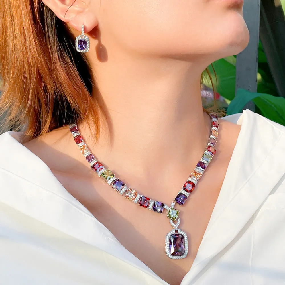 Cut Colorful CZ Crystal Square Pendant Earrings Necklace Bridal Engagement Jewelry Sets