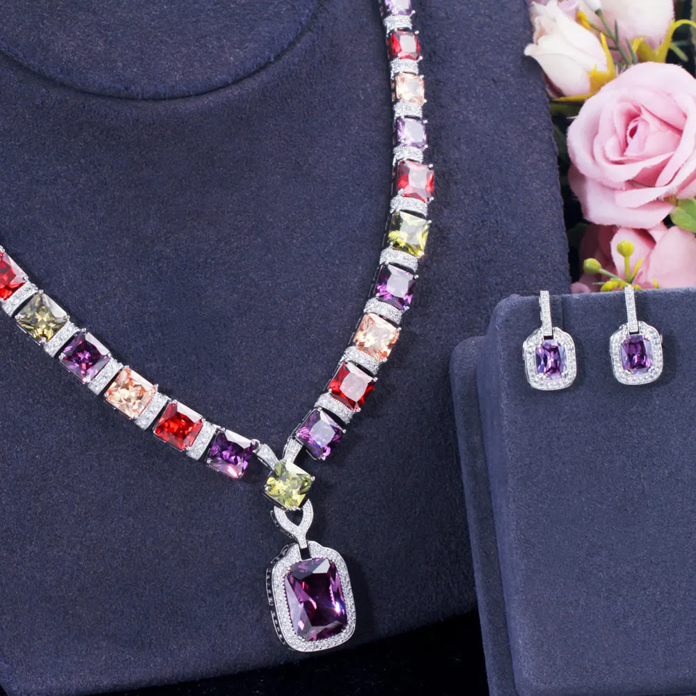 Cut Colorful CZ Crystal Square Pendant Earrings Necklace Bridal Engagement Jewelry Sets