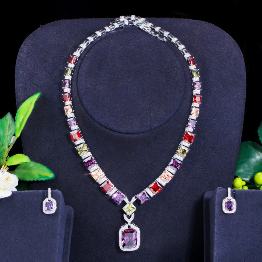 Cut Colorful CZ Crystal Square Pendant Earrings Necklace Bridal Engagement Jewelry Sets
