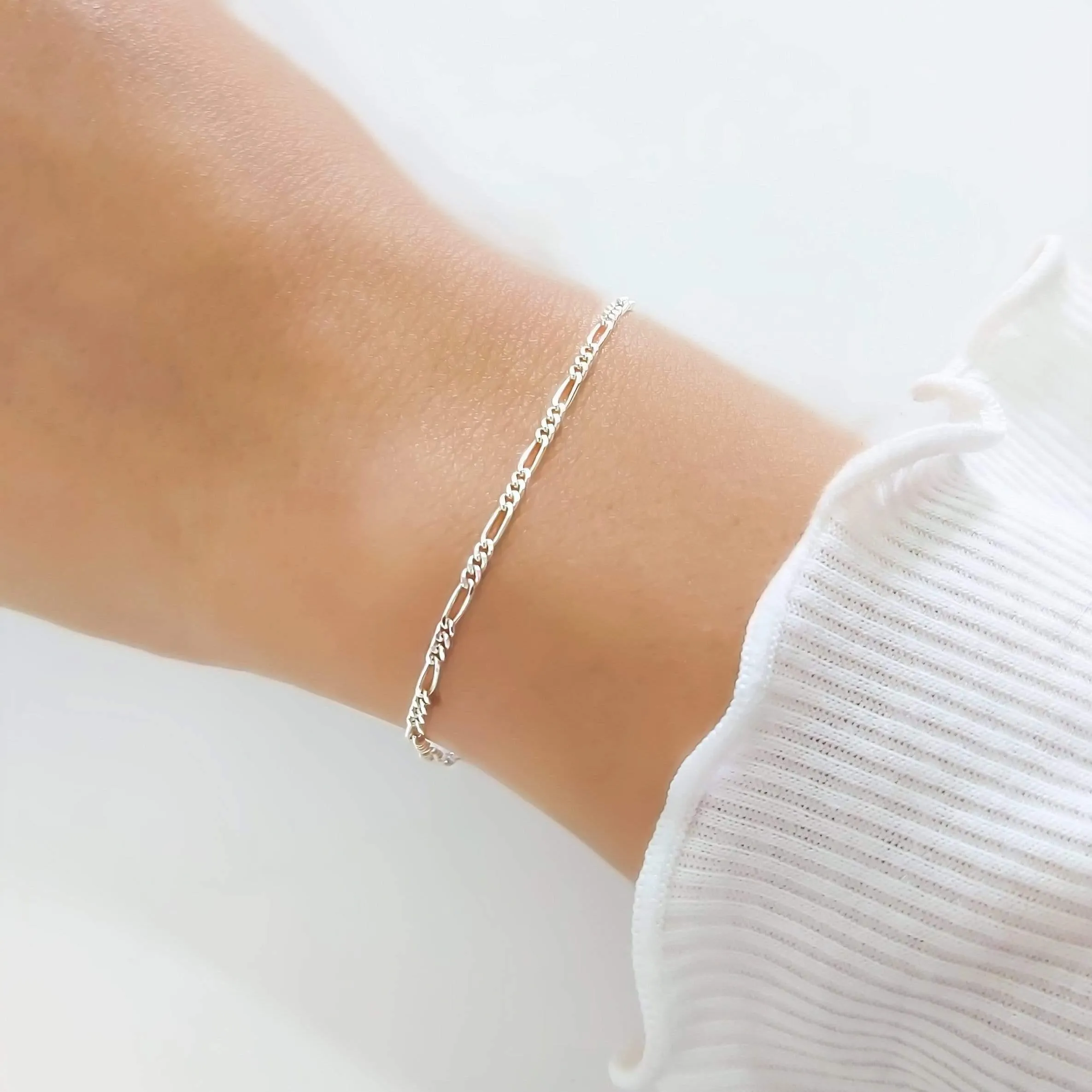 Dainty Minimalist Sterling Silver Figaro Chain Bracelet for Women