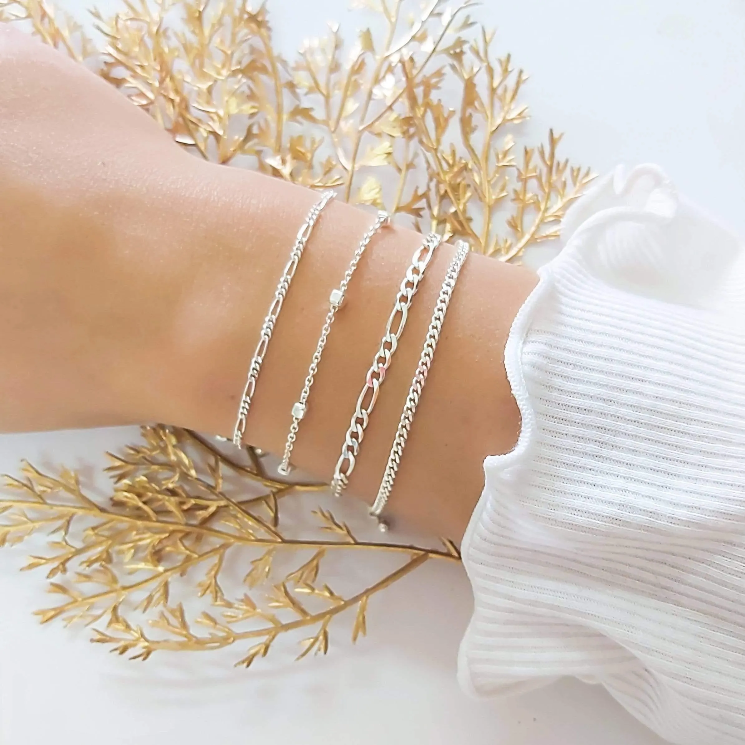 Dainty Minimalist Sterling Silver Figaro Chain Bracelet for Women