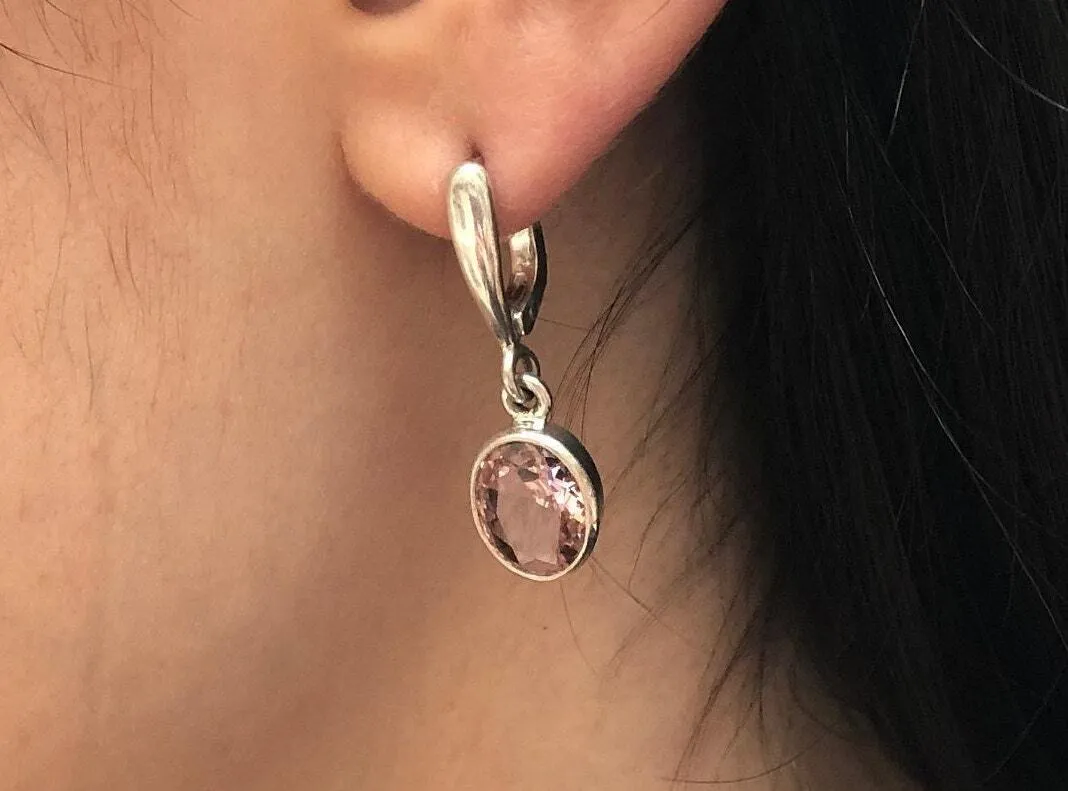 Dangling Morganite Earrings - Pink Drop Earrings - Vintage Oval Earrings