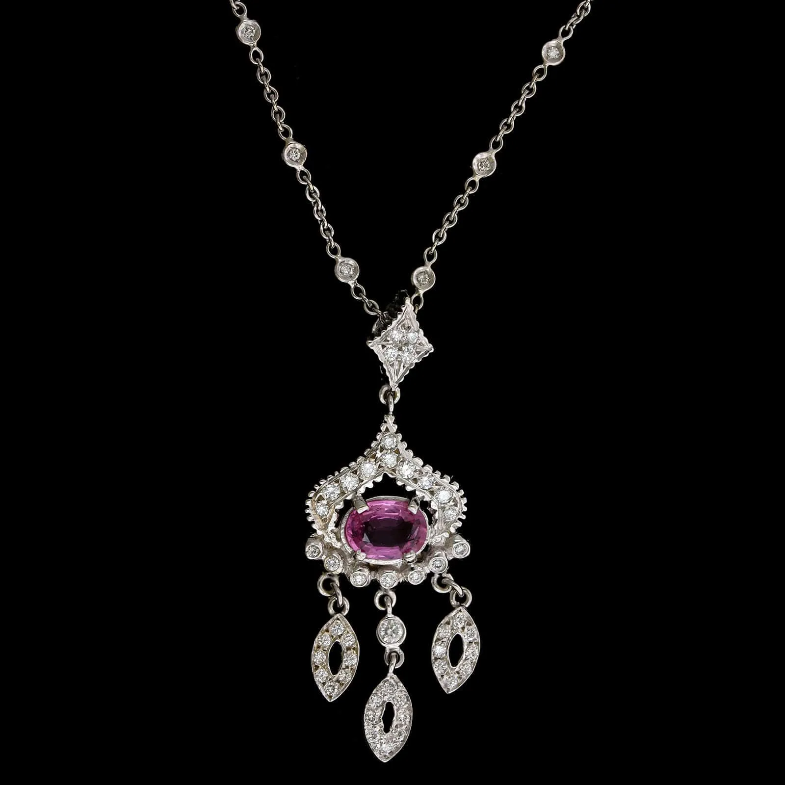 Doris Panos 18K White Gold Estate Pink Sapphire and Diamond Pendant Necklace