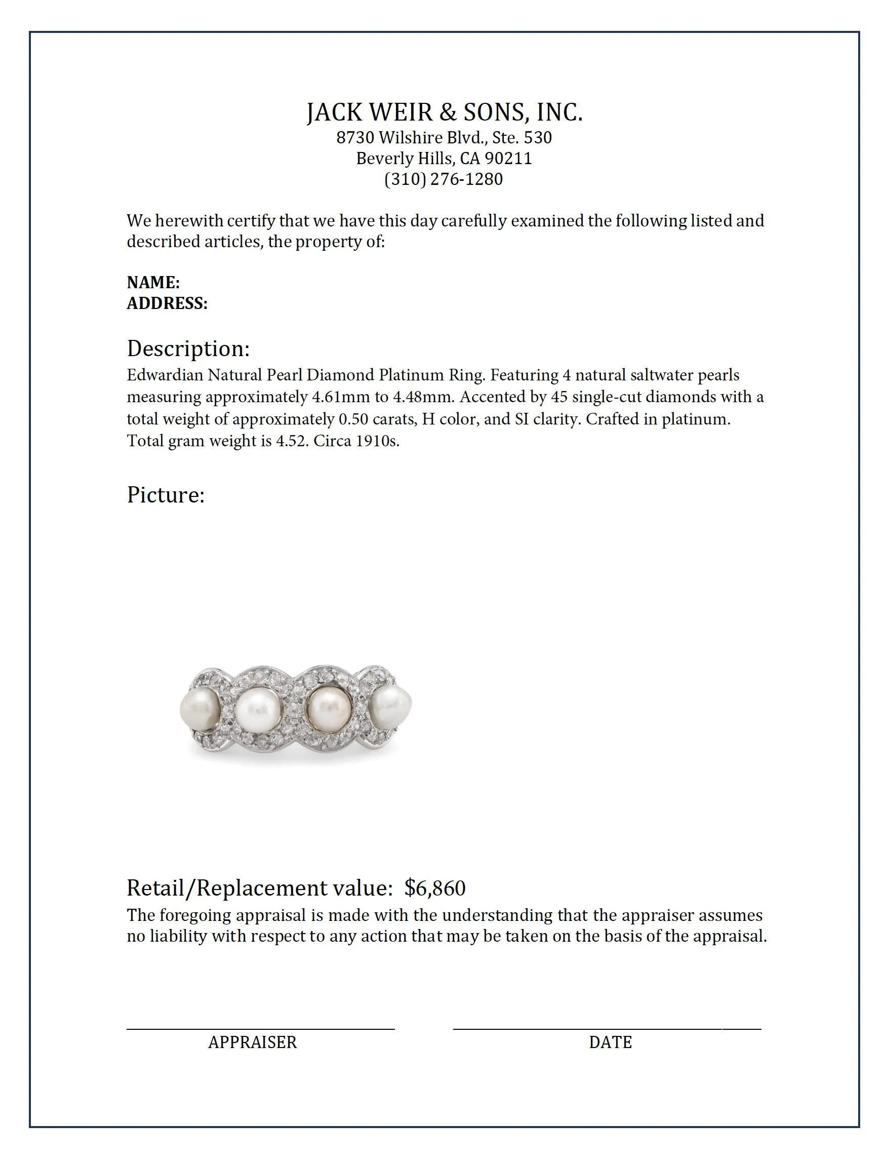 Edwardian natural pearl diamond platinum ring