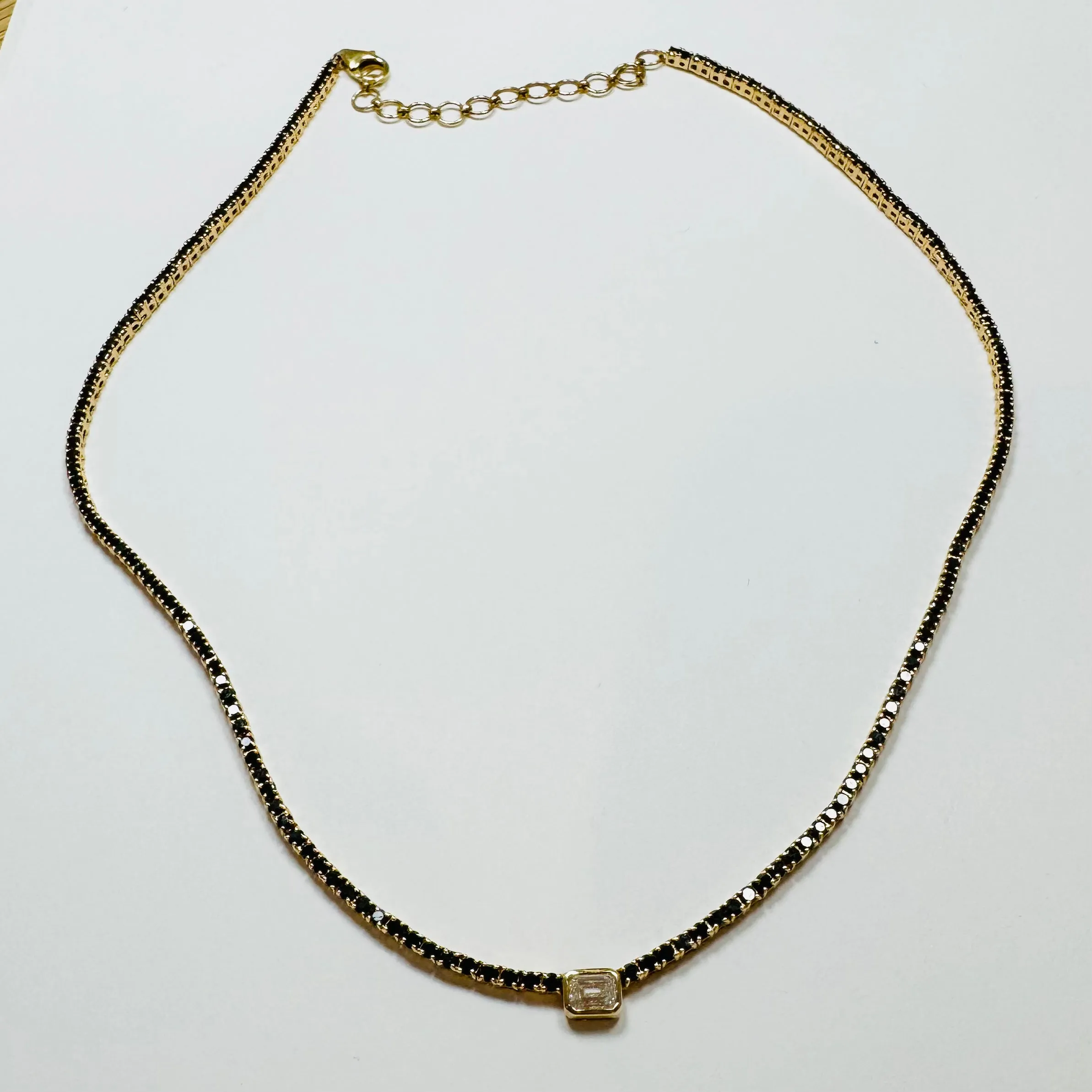 emerald cut white diamond on black diamond tennis necklace