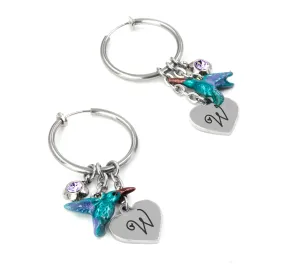 Engraved Hummingbird Hoop Earrings, Personalized Initial