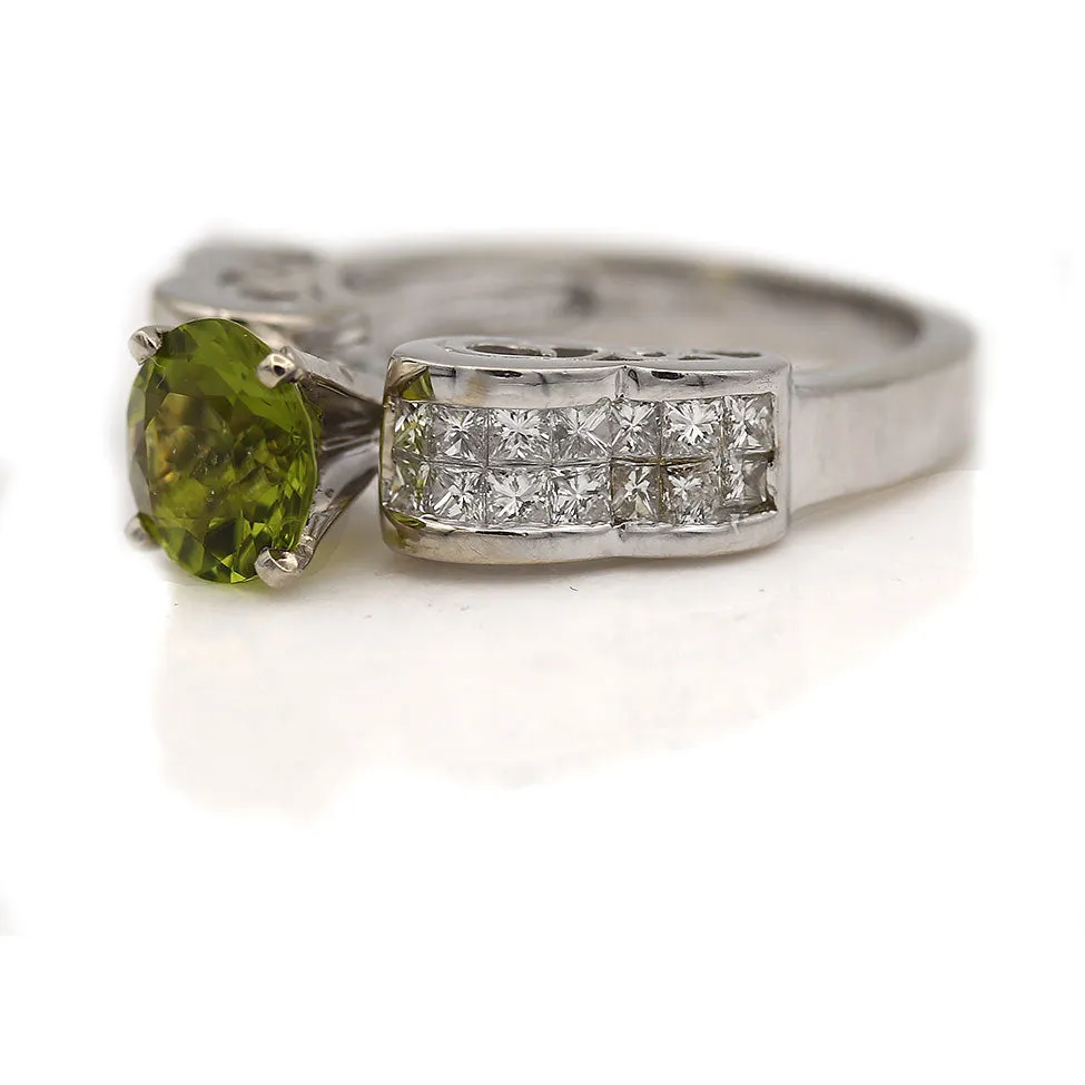 Estate Peridot and Princess Cut Diamond Engagement Ring 1.60 Ct