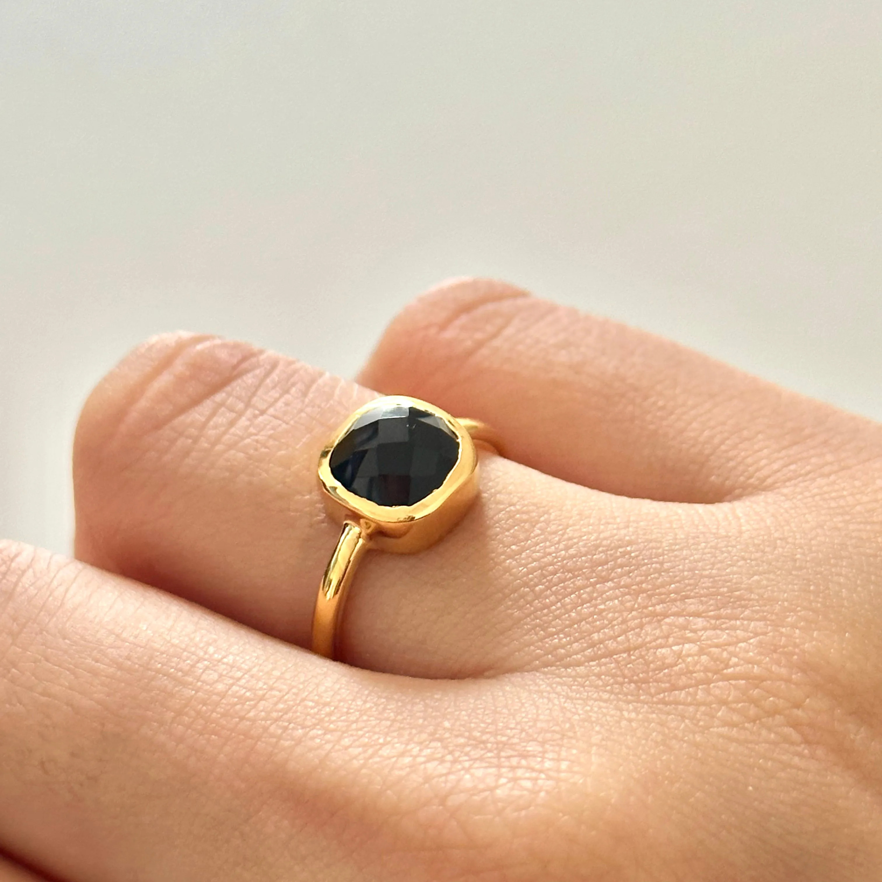 Faceted Square Cut Natural Gemstone Gold Plated Sterling Silver Solitaire Ring -Black Onyx