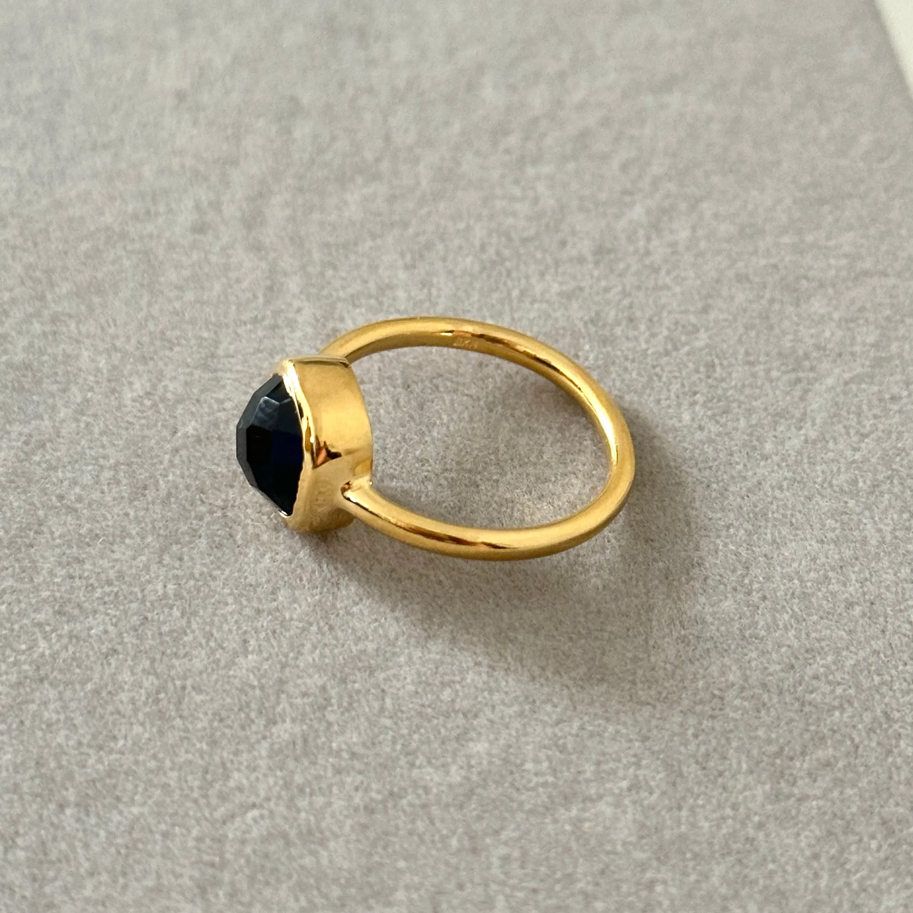 Faceted Square Cut Natural Gemstone Gold Plated Sterling Silver Solitaire Ring -Black Onyx