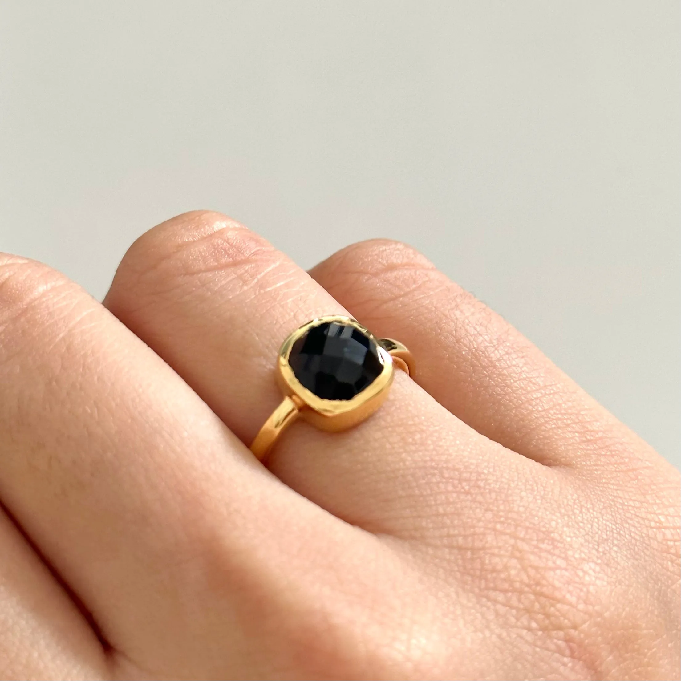 Faceted Square Cut Natural Gemstone Gold Plated Sterling Silver Solitaire Ring -Black Onyx