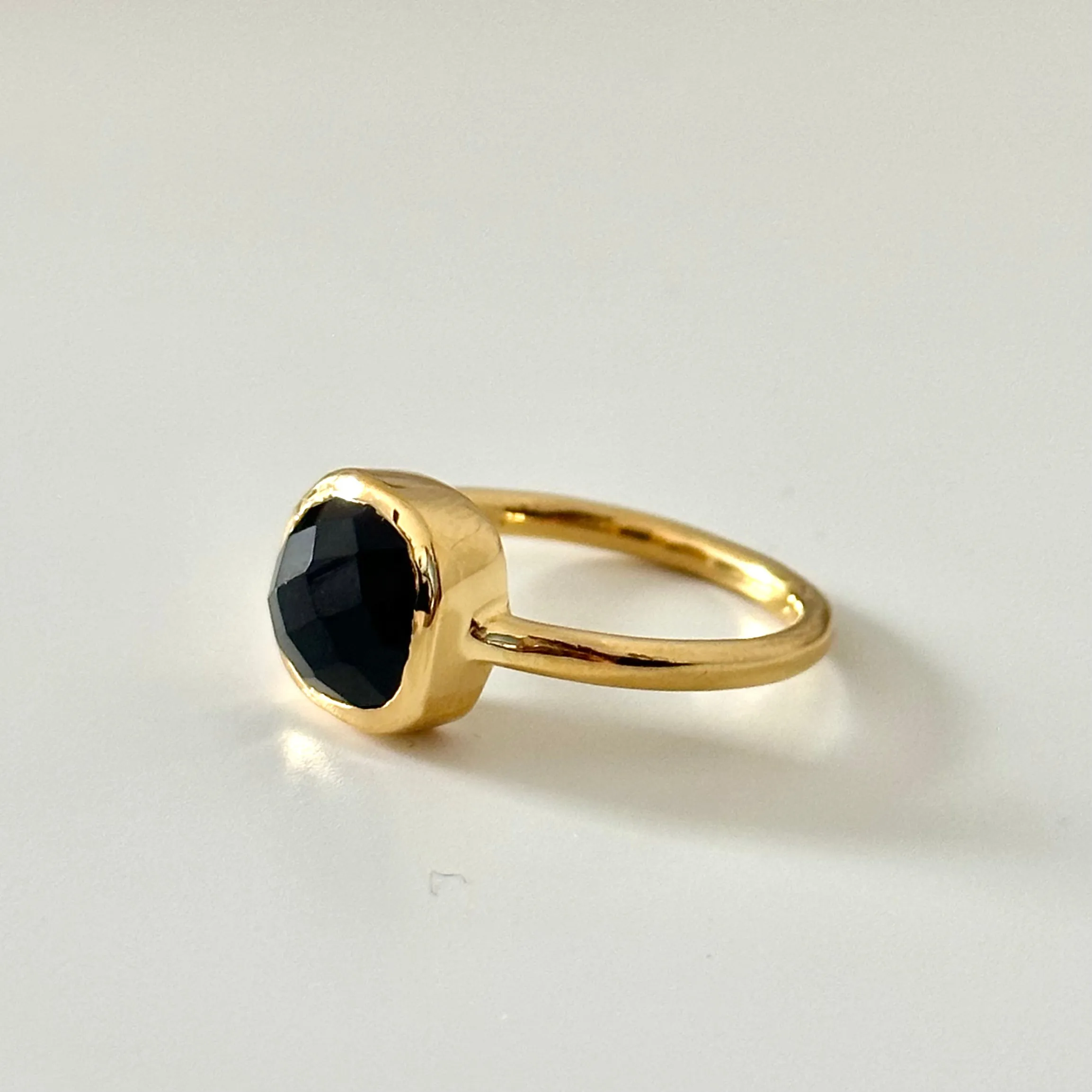 Faceted Square Cut Natural Gemstone Gold Plated Sterling Silver Solitaire Ring -Black Onyx